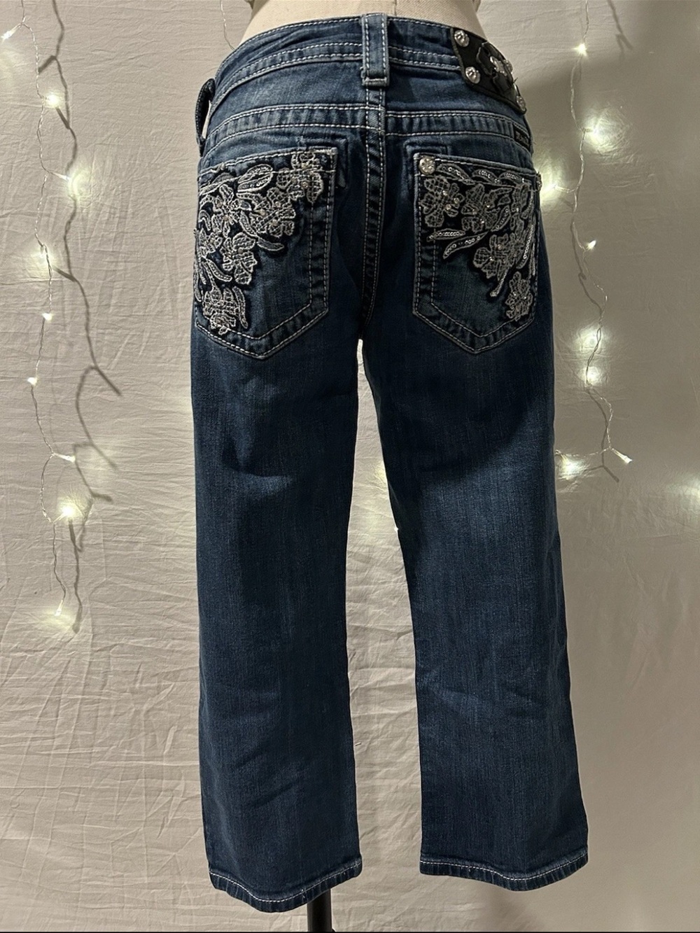 Miss Me Dark Blue Cropped Embroidered Jeans